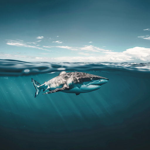Tiger shark in open ocean under clear blue sky