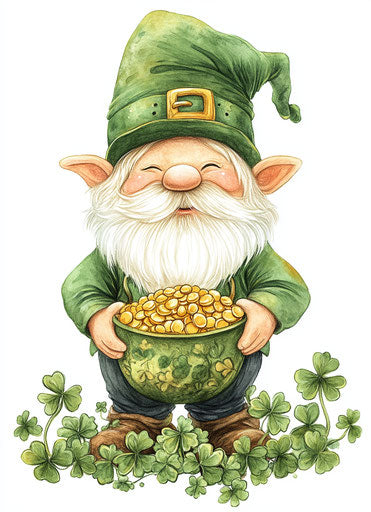 St. Patrick's Day gnome with pot of gold and shamrocks in digital art