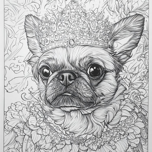 Pug wearing a crown, in the style of Raqib Shaw, Coloring book page