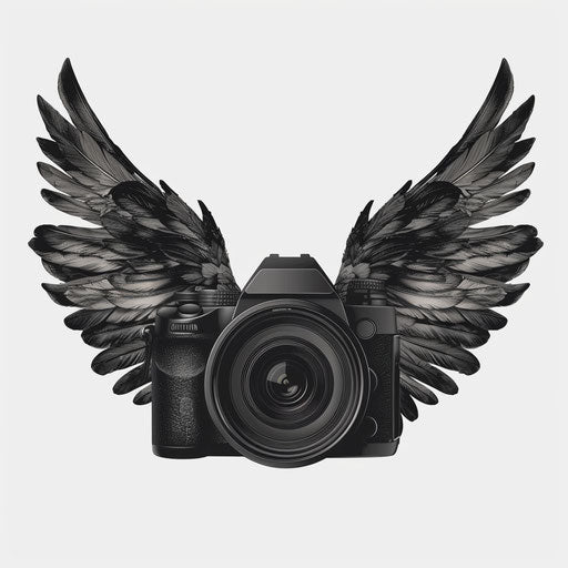 Camera clipart png in photo realistic style with a flat random background, monochrome palette and detailed wings