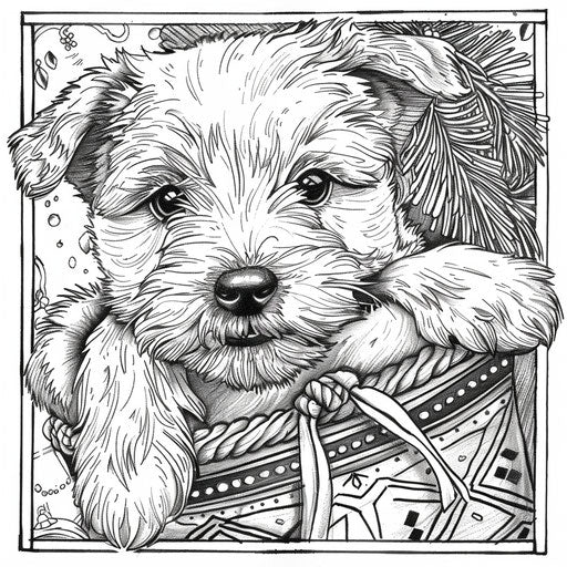 Puppy peeping out of a holiday stocking