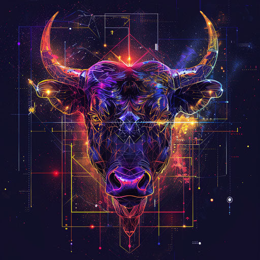 Futuristic tattoo sketch of the Taurus constellation with neon colors and digital glitch effects