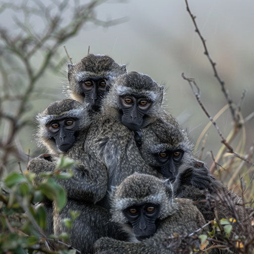 Group of vervet monkeys huddled together for warmth
