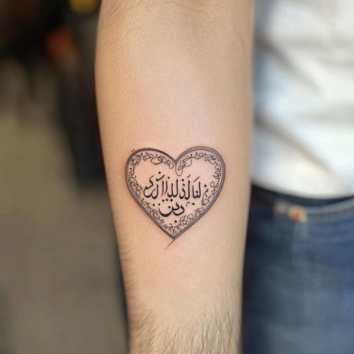 Arabic tattoo featuring calligraphy forming a heart on forearm