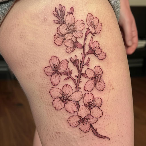 Elegant flat tattoo sketch of a cherry blossom branch in pink shades