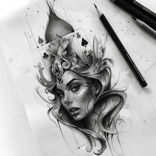 Queen of Spades tattoo sketch, pencil and charcoal