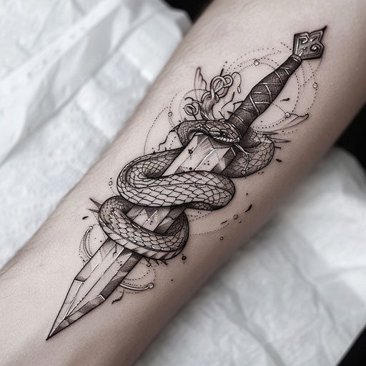 Contemporary tattoo sketch of a venomous snake wrapped around a dagger