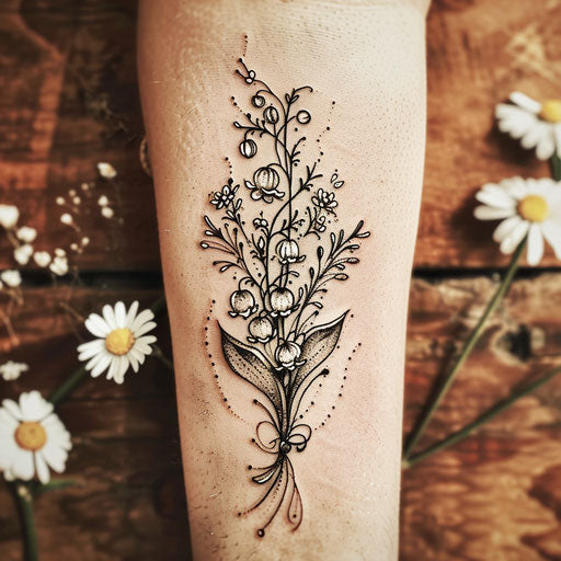 Flat tattoo sketch of a birth flower bouquet with mythical lilies of the valley and forget-me-nots