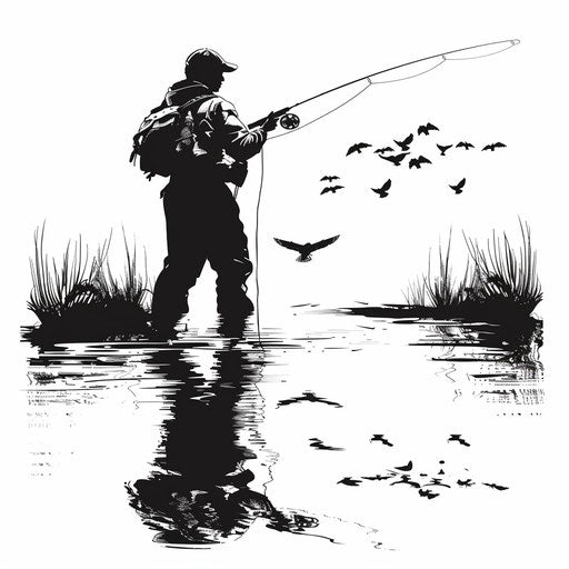 Silhouette of fly fishing scene on white background