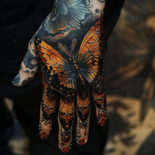 Butterfly hand tattoo with dark surrealism