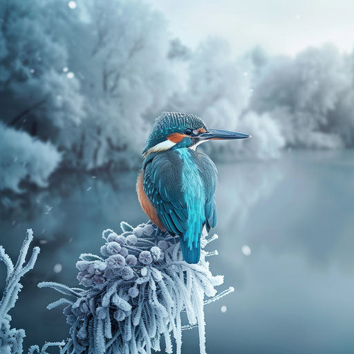 Kingfisher in a frosty winter landscape