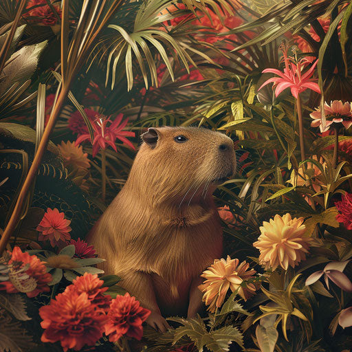 A capybara among vibrant jungle flora