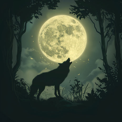 Enchanting night with glowing moon and howling wolf