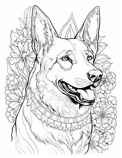 Crayons coloring pages: free German shepherd coloring pages, detailed portraits, light beige and dark aquamarine
