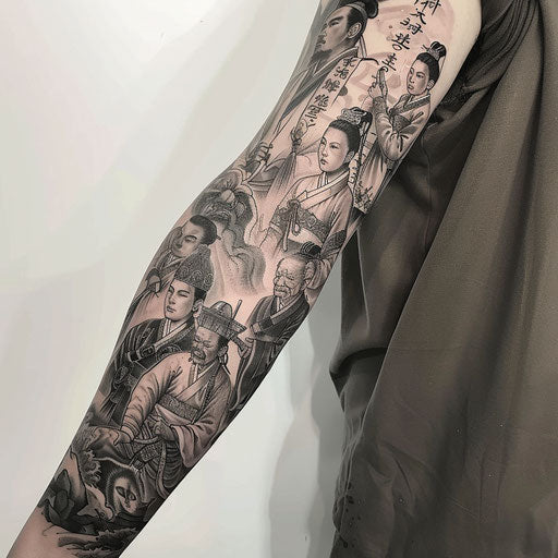 Tattoos of Korean historical figures in traditional attire on white