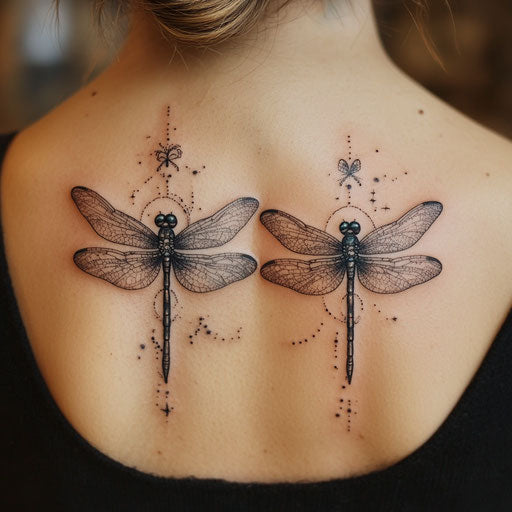 Mother daughter tattoos with matching dragonflies, in the style of J.P. Targete