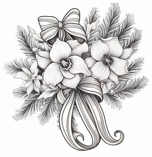 Candy cane coloring page with flowers and bows, soft style