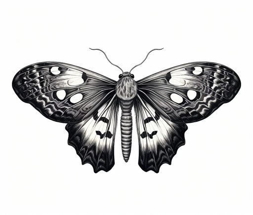 Energy moth black and white, isolated on white vector illustration, in the style of Yuko Shimizu, dark colors, gothic references