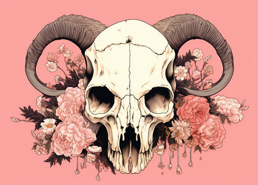 Ram skull with flowers on a pink background