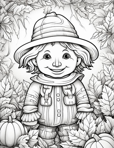 Coloring page of a cute scarecrow with leaves for kids