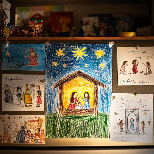 Nativity drawing on fridge with Christmas cards