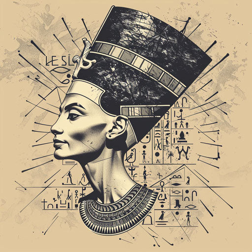 Elegant flat tattoo sketch of Nefertiti with hieroglyphic elements in the background