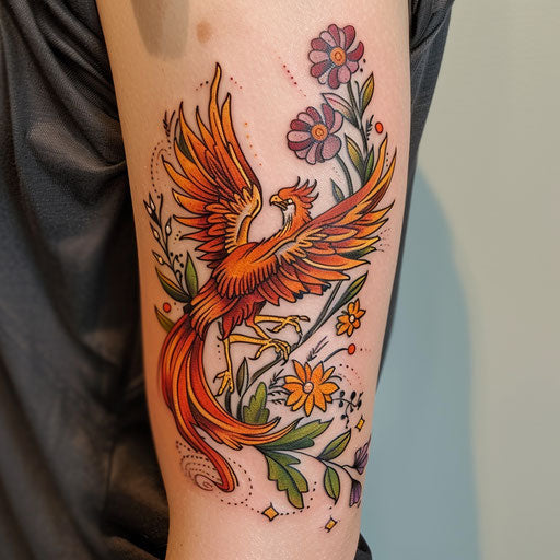 Wildflower tattoo with phoenix, fiery colors, dynamic composition, mythical