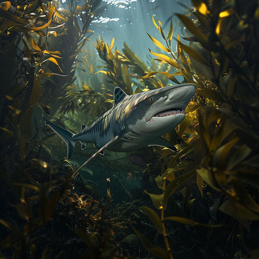 Close encounter with a tiger shark in a dense kelp forest under the sea