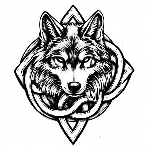 Flat tattoo sketch of wolf with Celtic knot
