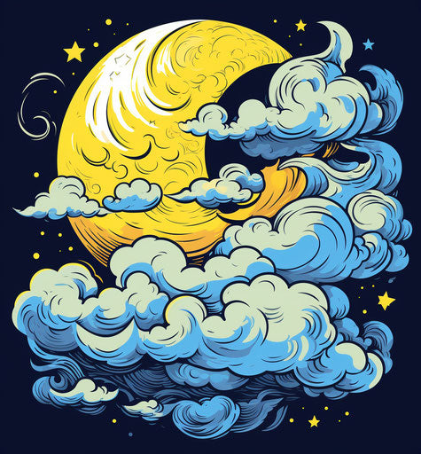 Night sky with moon and clouds in tattoo style