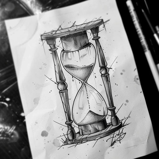 Hourglass running out, symbolizing mortality, sketched in B&W