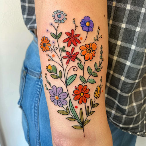 Whimsical wildflower tattoo, cartoon style, bright colors, playful elements