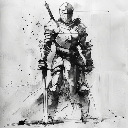 Elegant tattoo sketch of a medieval knight in armor, standing with a sword, in minimalistic black and white