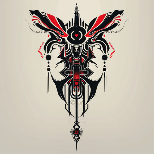 Stylized flat tattoo sketch of neo tribal symbols with a futuristic twist