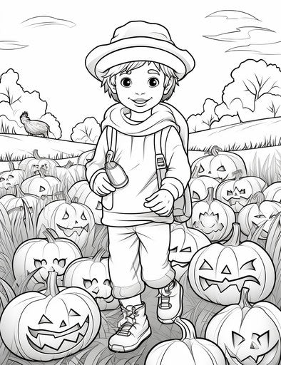 Child harvesting a pumpkin near a grassy field