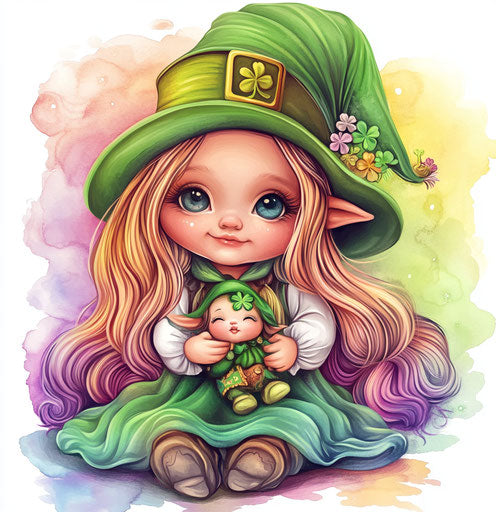 St. Patrick's Day baby girl with a leprechaun and a cute doll
