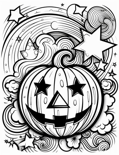 Pumpkin coloring page with moon and stars, high energy frenzy
