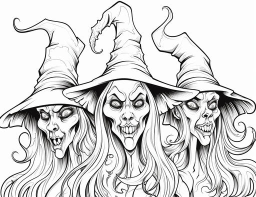 Three scary witches coloring page