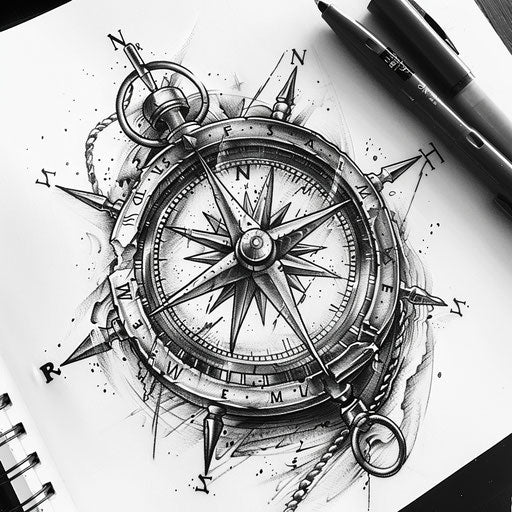 Elegant maritime compass tattoo drawing on white background