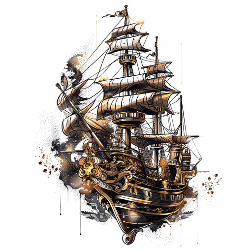 Luxurious tattoo sketch of a pirate ship with golden accents and elegant details