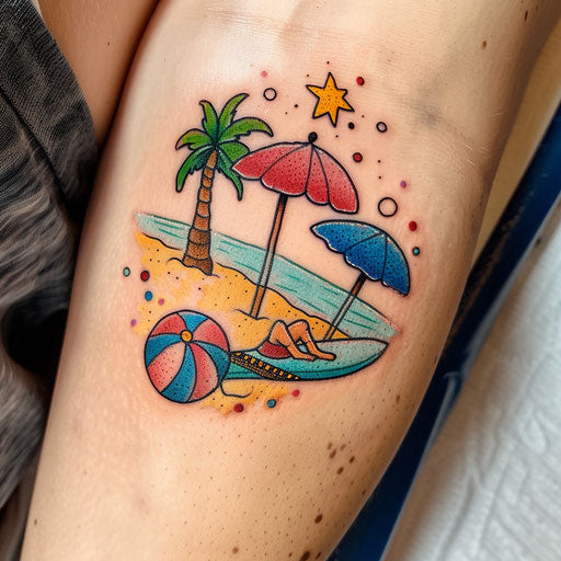 Tattooed beach scene - surfboard, beach ball, umbrella