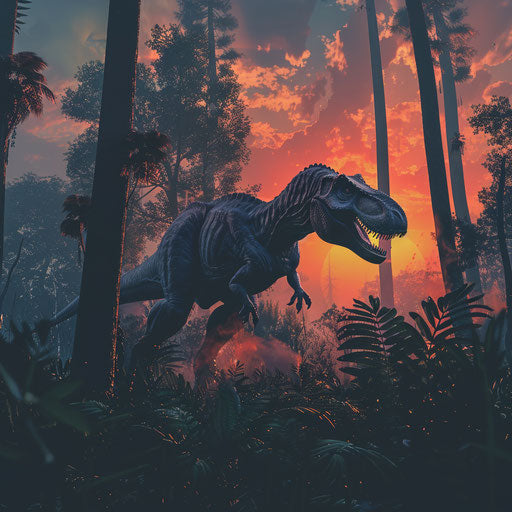 T-rex in a prehistoric jungle at sunset