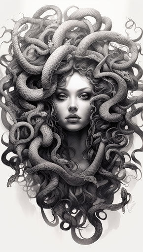 Memphis medusa drawing, my life, tattoo, medusa design, medusa tattoo, medusa image, in the style of cobra, close up, celestialpunk, monochromatic white figures, queercore, neotraditional, i can't believe how beautiful this is