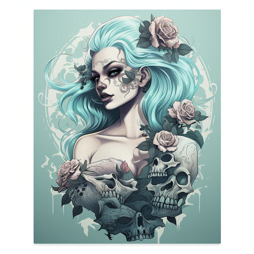 Beautiful woman with skulls, turquoise style, tattoo inspired