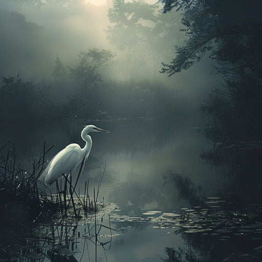 Egret near a serene pond, Paul Souders style