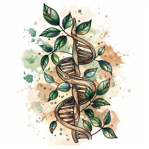 Ecological DNA tattoo sketch with green leaves and earth tones