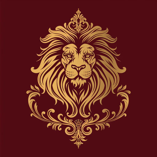 Majestic lion emblem on regal red background