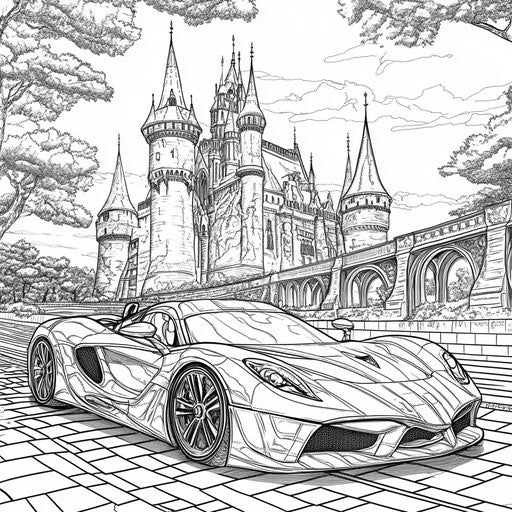 Race car with royal theme, Megan Hess style, coloring book