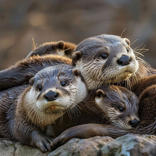 Family of otters cuddled up together on the riverbank at dusk