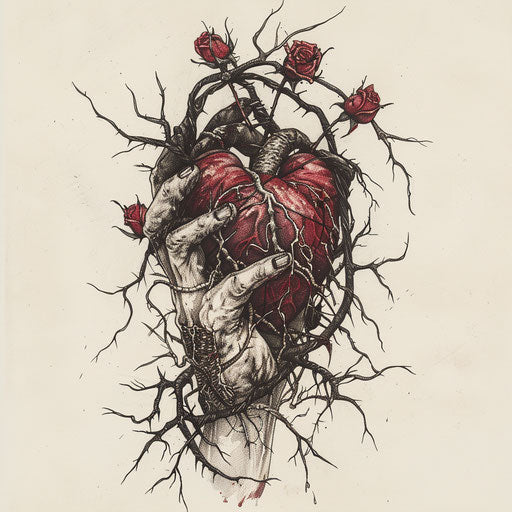 Flat tattoo sketch of a vampire's hand clutching a heart, with thorns and roses entwined
